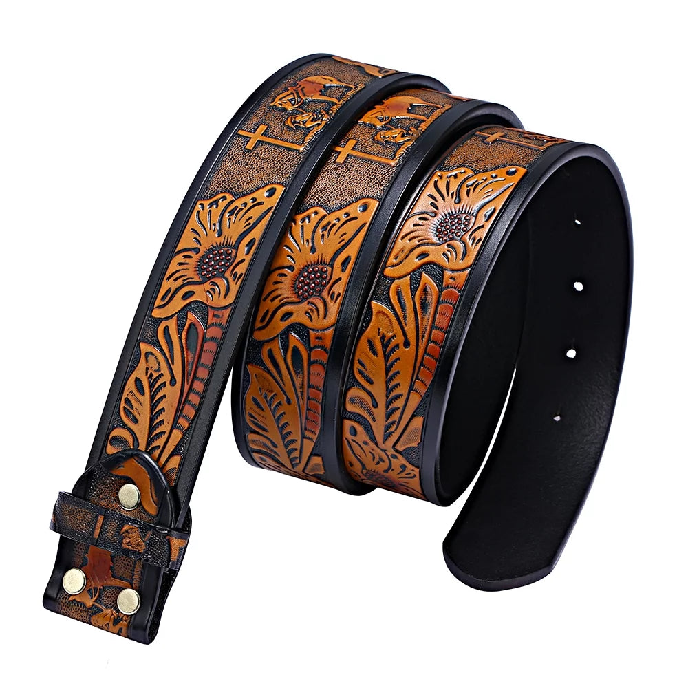 STARBRILLIANT Classic Western Bull Head Design Leather Snap On Belt Mens Womens-NO BUCKLE