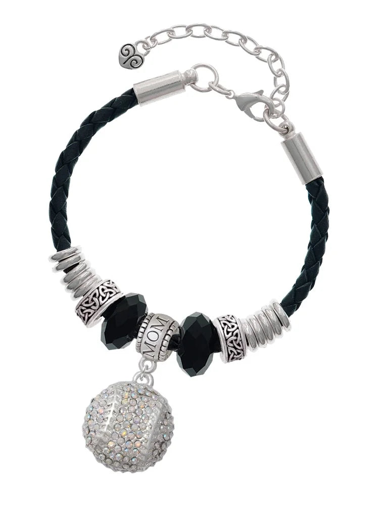 Delight Jewelry Silvertone Large Super Sparkle Crystal Clear AB Softball Mom Celtic Knot Leather Bead Bracelet, 7+2 Extender