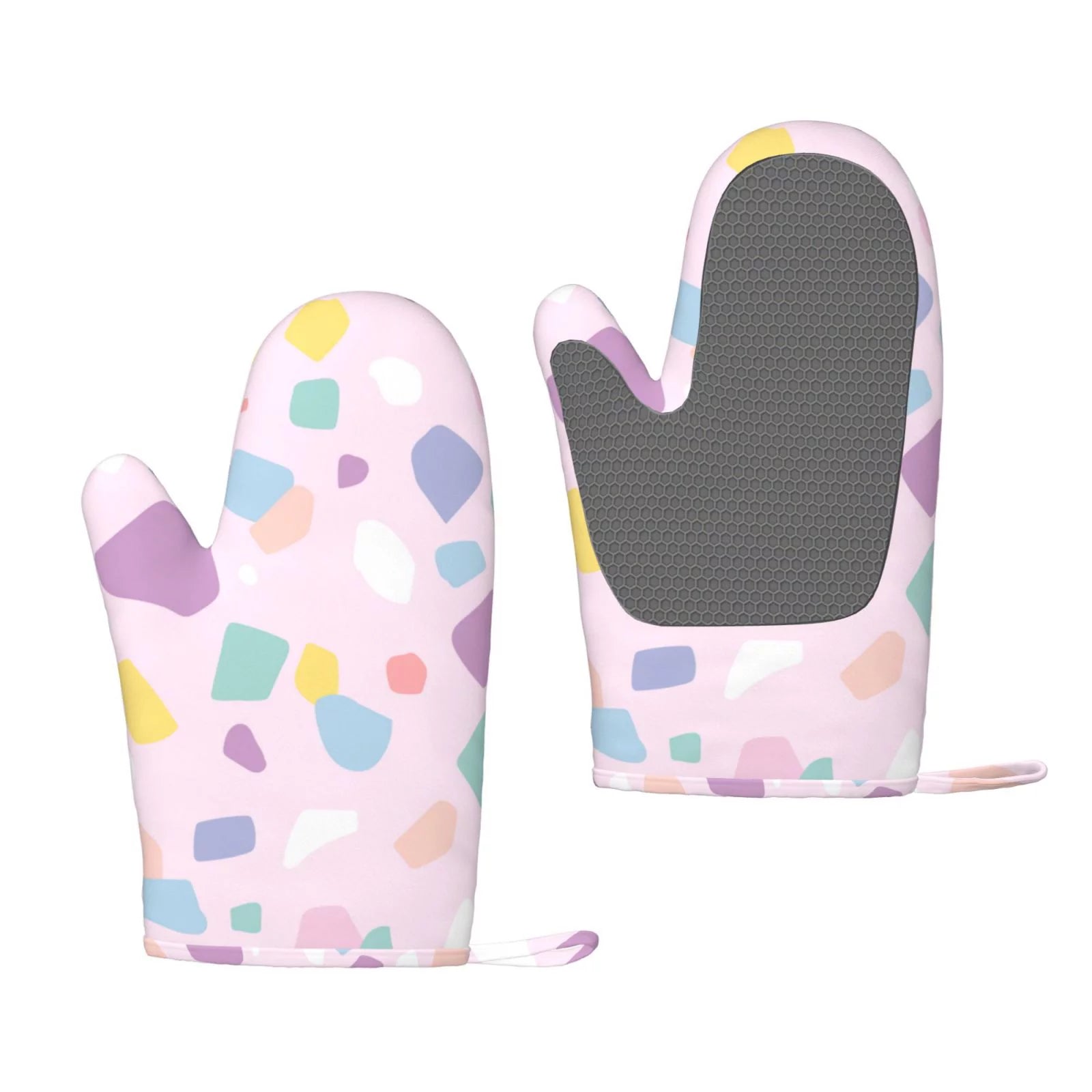 ZNDUO Kitchen Oven Gloves, Durable Heat Resistant Oven Gloves with Quilted Liner Non-Slip Textured Grip Perfect for BBQ, Baking, Cooking and Grilling, Cute Pastel Terrazzo
