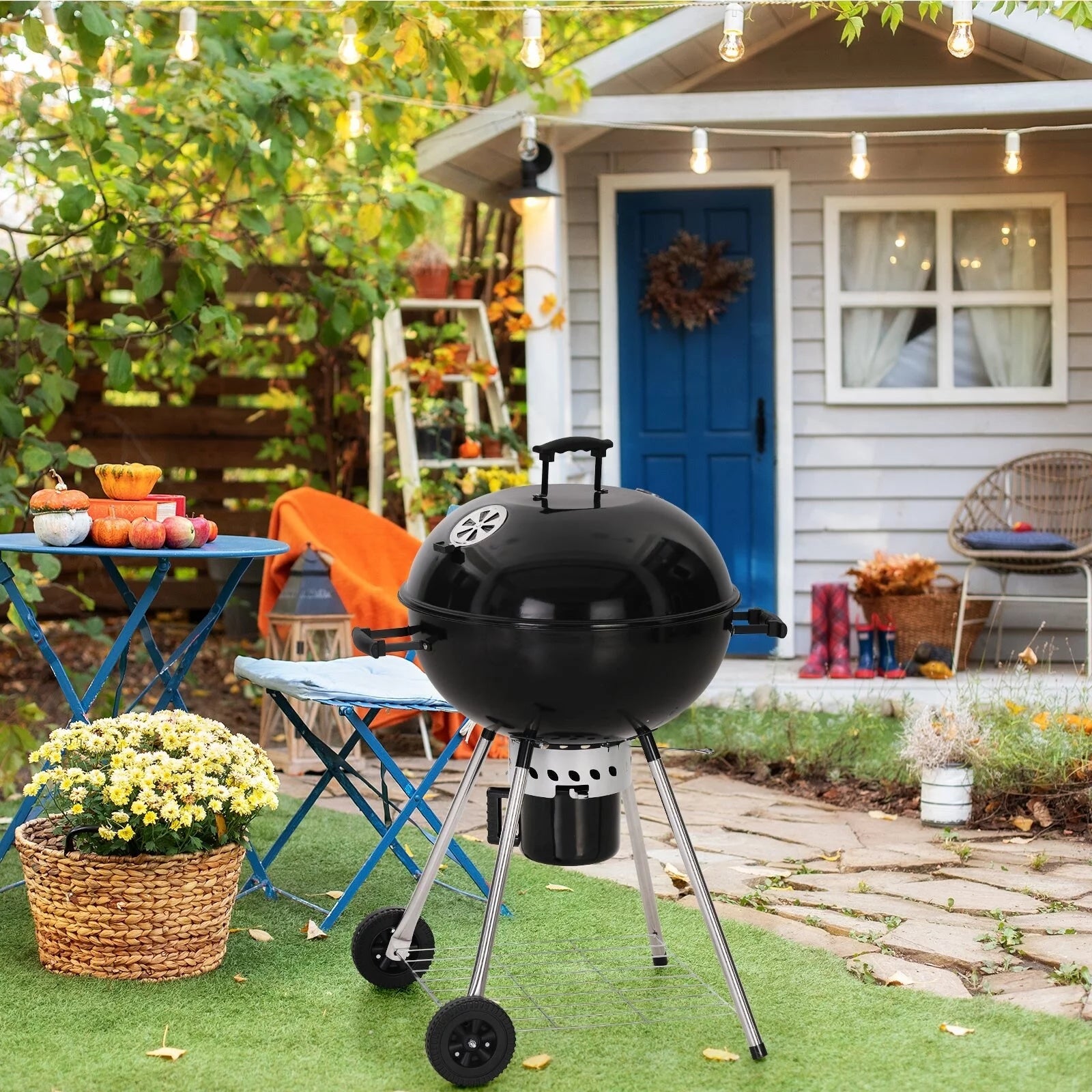 Kitchen Academy 22 Kettle Enamel Charcoal Patio Grill with Built-in Thermometer