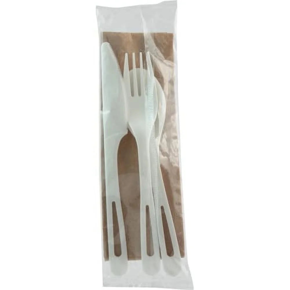 World Centrics (AS-PS-TN) Compostable Corn Starch Utensil Set (Knife, Fork, Spoon, Napkin) - 200F, Individually Wrapped
