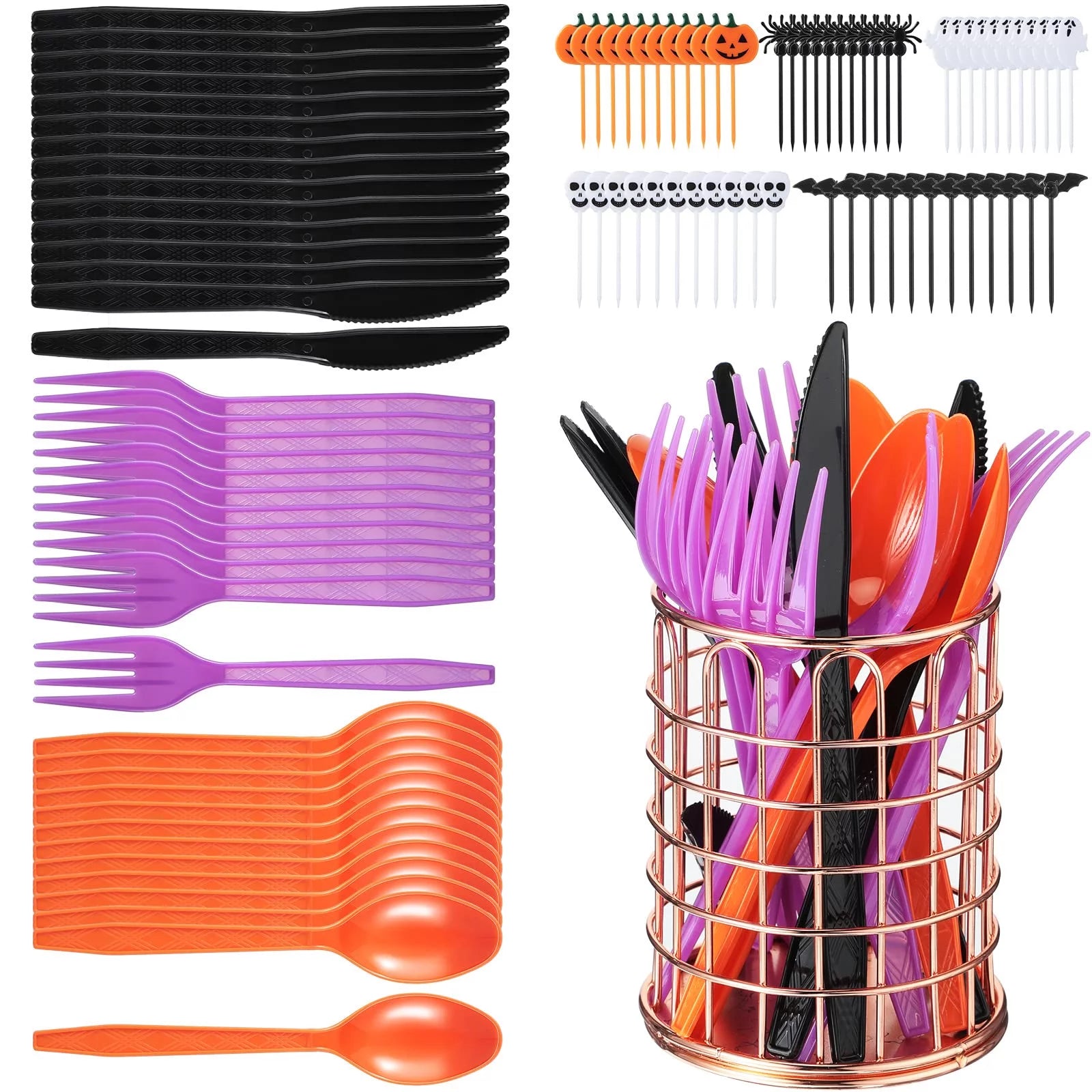 240 Pcs Halloween Plastic Cutlery Set Halloween Forks Knives And Spoons Halloween Black Orange Plastic Utensils Set Disposable Plastic Flatware For Zombie, Trick Or Treat Party Supplies
