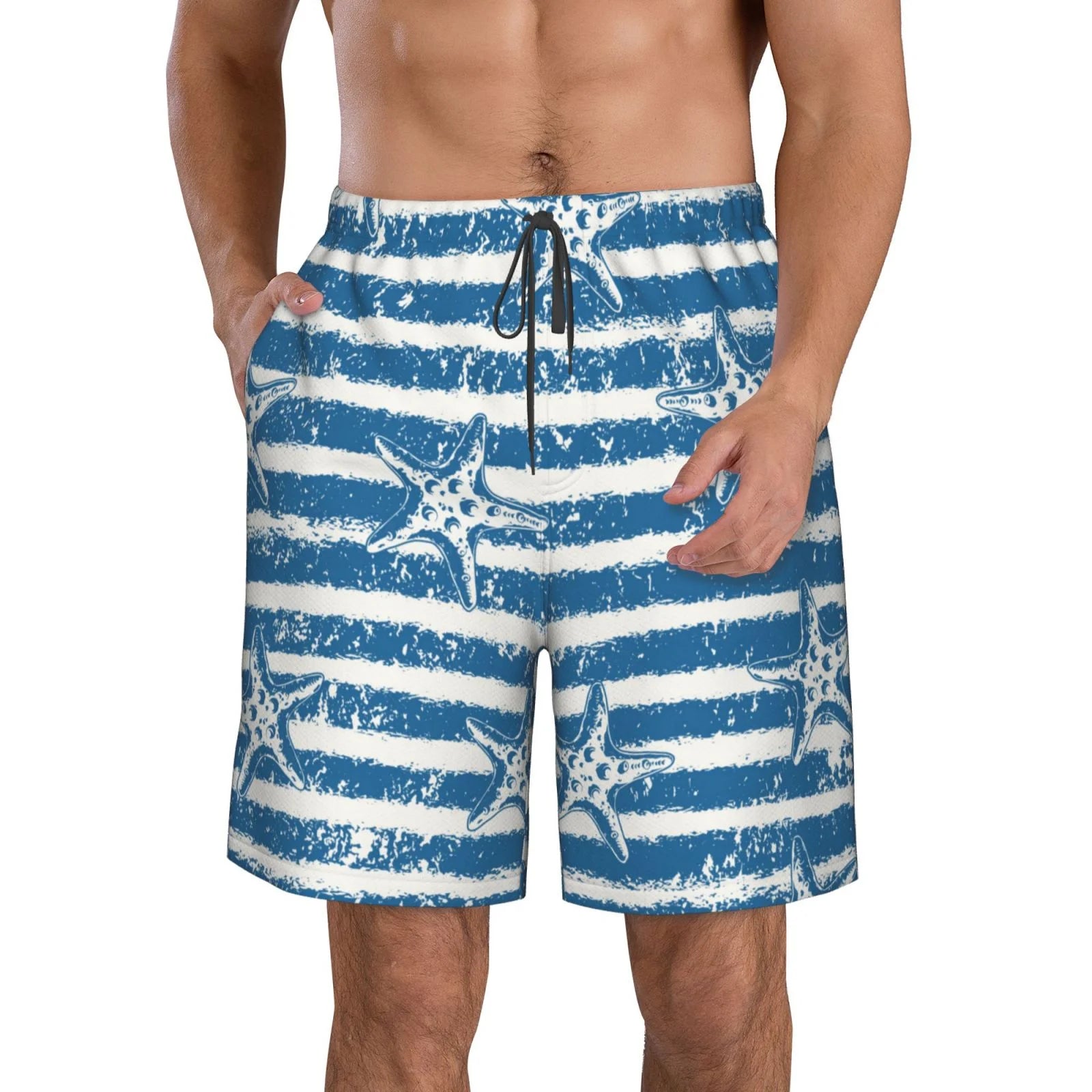 Kll Ocean On Striped Men'S Casual Summer Beach Shorts Hawaiian Shorts With Pockets-Small