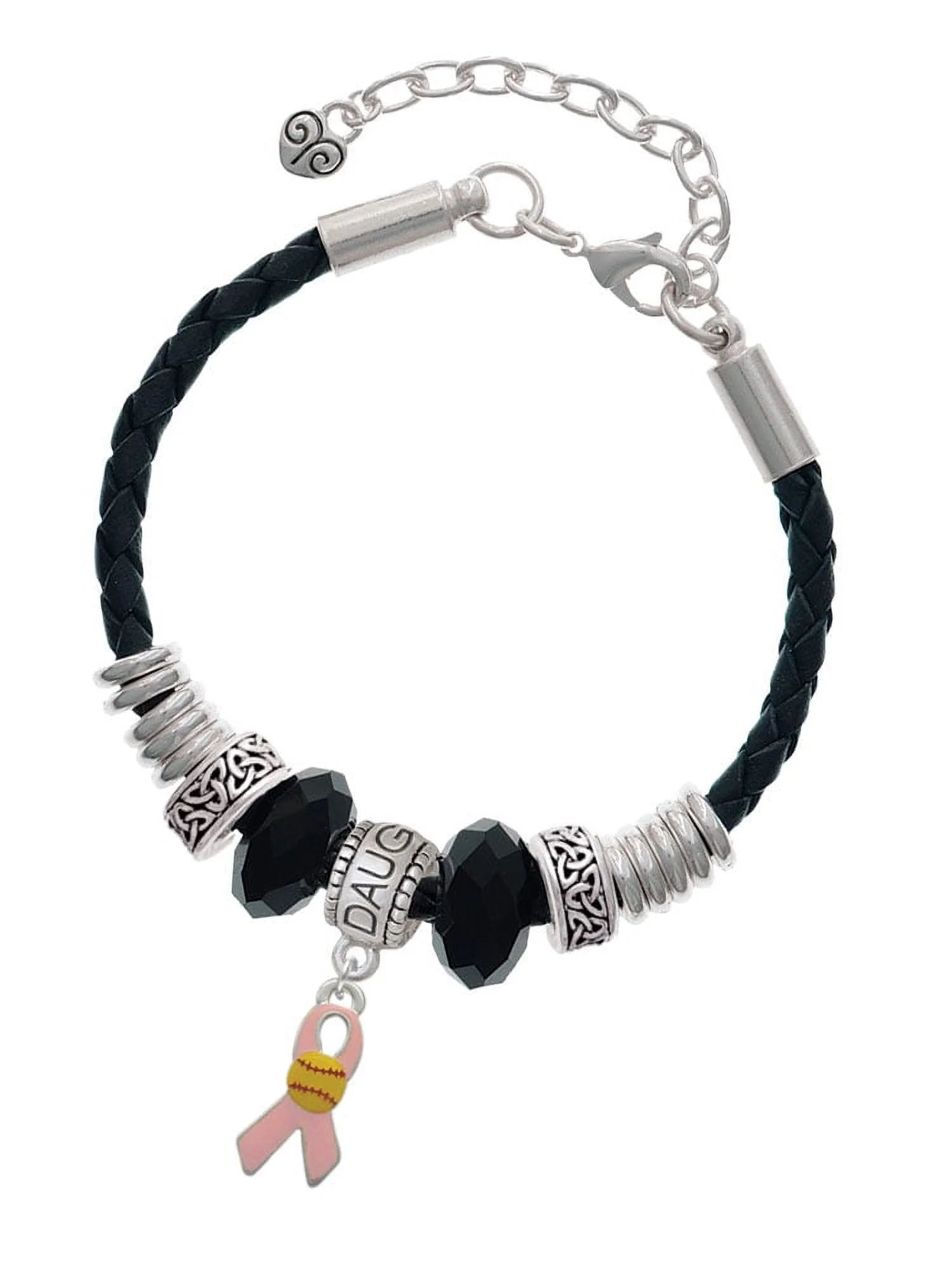 Delight Jewelry Silvertone Pink Ribbon with Softball Daughter Celtic Knot Leather Bead Bracelet, 7+2 Extender