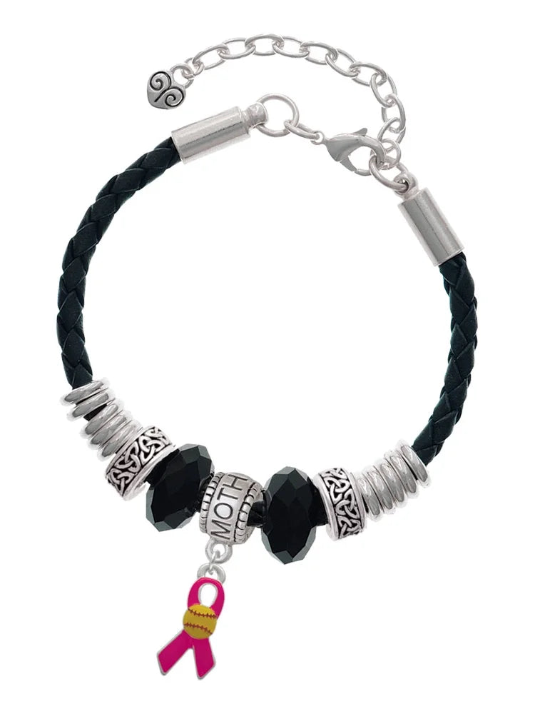 Delight Jewelry Silvertone Hot Pink Ribbon with Softball Mother Celtic Knot Leather Bead Bracelet, 7+2 Extender