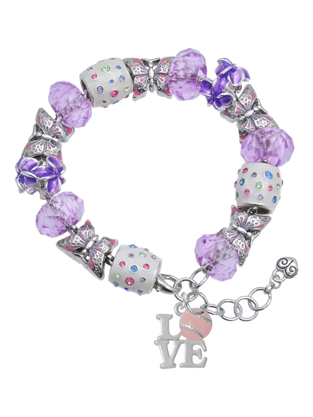 Delight Jewelry Love with Pink Softball Purple Butterfly Bead Charm Bracelet, 7+1 Extender