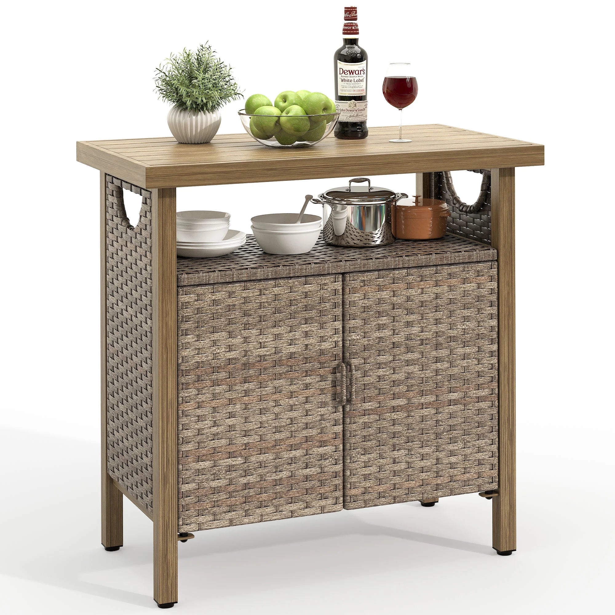 DWVO Outdoor Garden Patio Wicker Storage Cabinet with with 2 Doors and Shelves, Wicker Bar Table, Rattan Counter Table,Deck Box - Brown