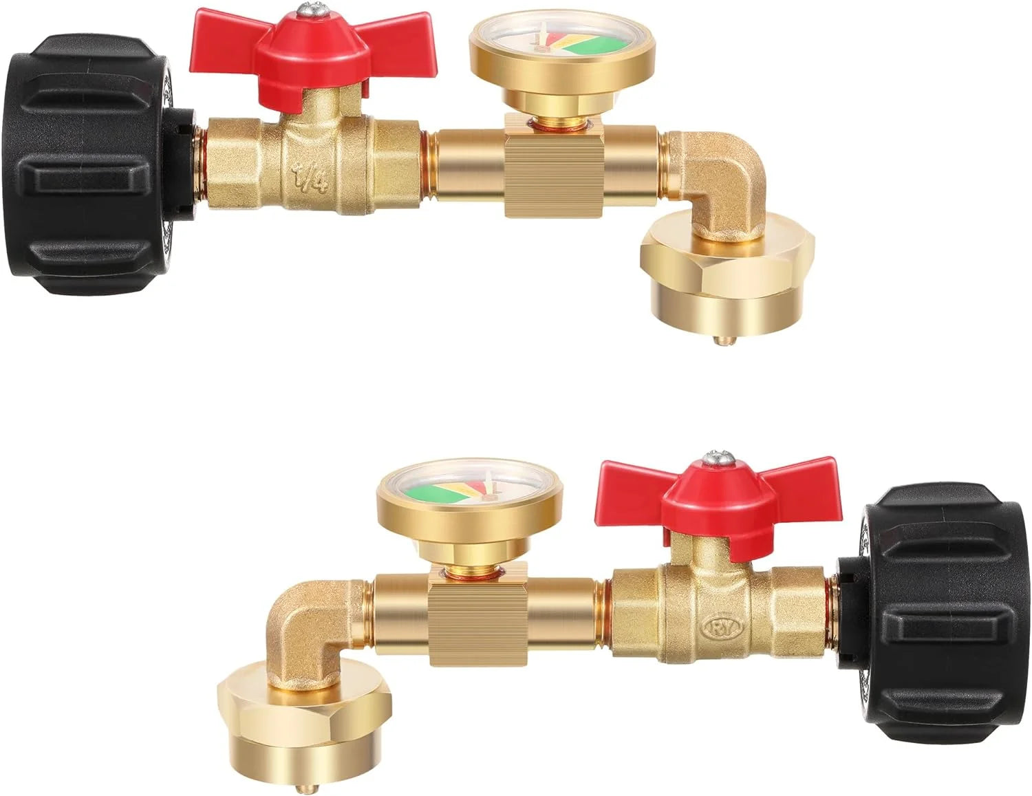 2 Pack Propane Refill Adapter, QCC1 Propane Refill Elbow Adapter with Gauge and ON/Off Control Valve, Fill 1 lb Bottles from 20 lb Tank for Camping Grill, Easy to Use, Solid Brass