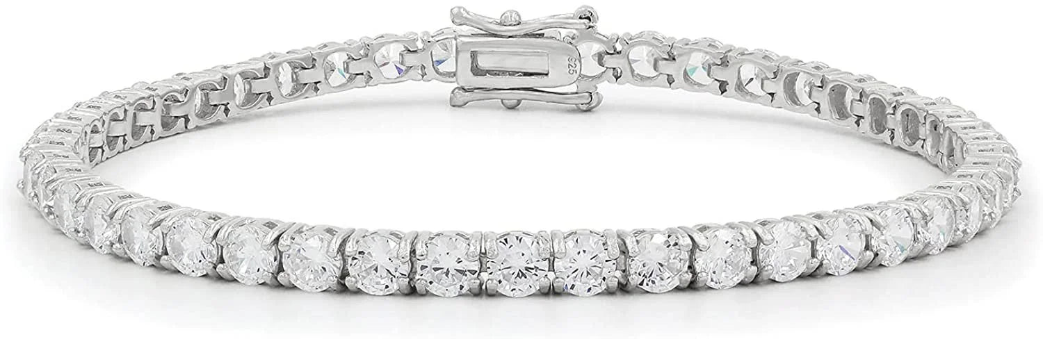 925 Italian Sterling Silver 4mm Tennis Bracelet, Iced Out Round Cut CZ Cubic Zirconia Rhodium Plated Link Chain, Giorgio Bergamo 9