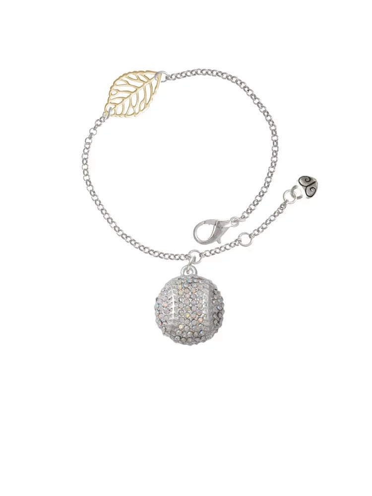 Delight Jewelry Silvertone Large Super Sparkle Crystal Clear AB Softball - Goldtone Leaf Delicate Bracelet, 6.25+1.75