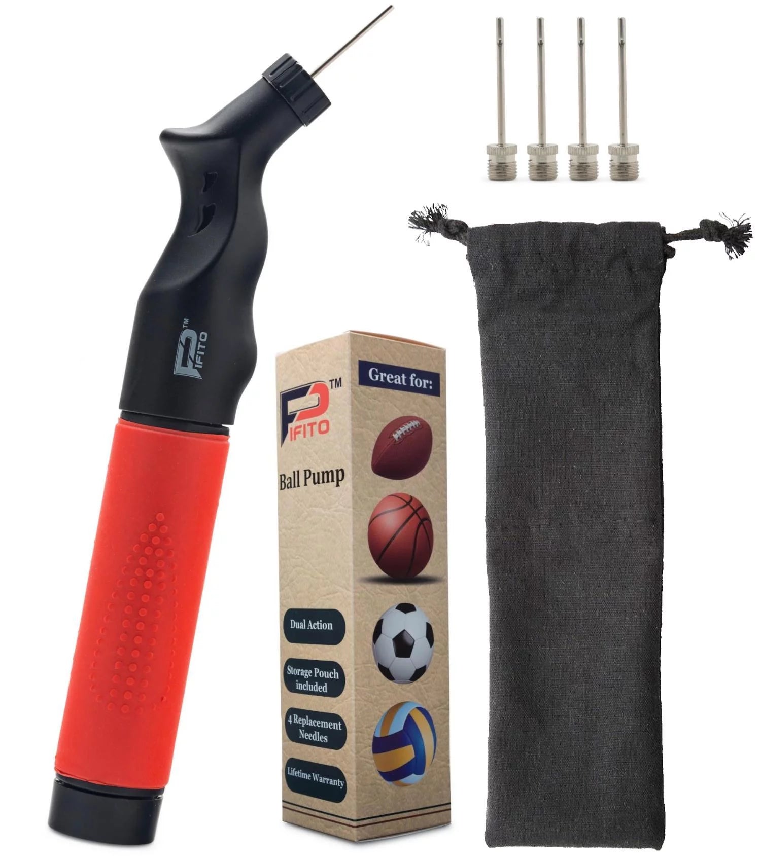Pifito Ball Pump - Dual Action Hand Air Pump for Soccer Ball, Football, Basketball and Inflatables - Convenient Storage Pouch Included - with 4 Additional Needles 1 Pack