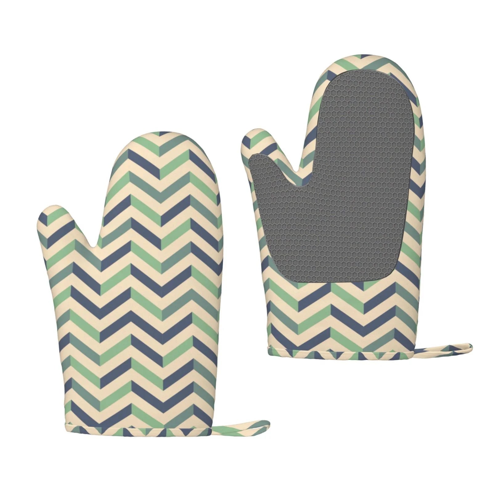 ZNDUO Kitchen Oven Gloves, Durable Heat Resistant Oven Gloves with Quilted Liner Non-Slip Textured Grip Perfect for BBQ, Baking, Cooking and Grilling, Blue Green Zigzag