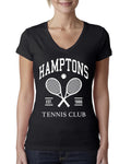 Wild Bobby Hamptons Tennis Club Est 1986 Sports Womens Junior Fit V-Neck Tee, Black, Small