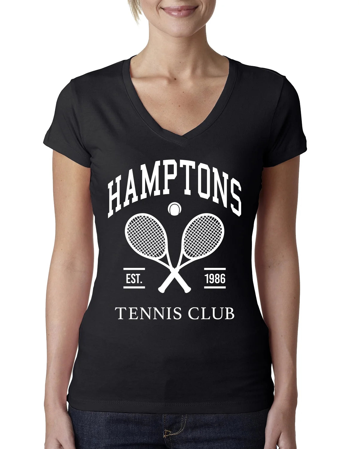 Wild Bobby Hamptons Tennis Club Est 1986 Sports Womens Junior Fit V-Neck Tee, Black, Small