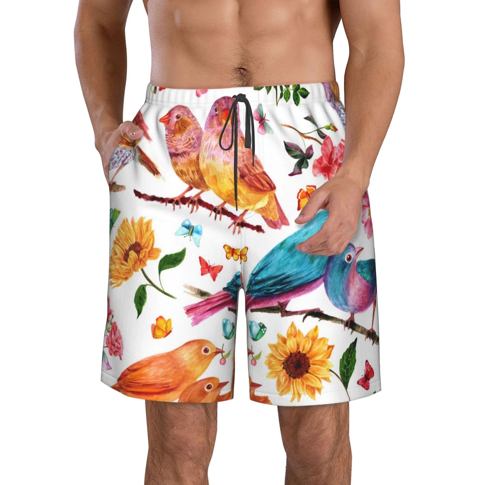 Kll Flowers Birds And Butterflies Men'S Casual Summer Beach Shorts Hawaiian Shorts With Pockets-Small