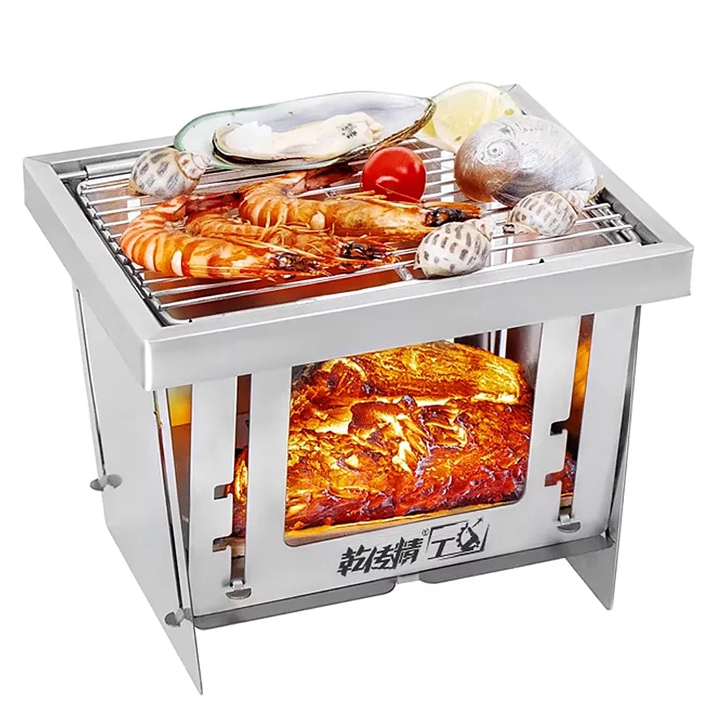 Aibecy Stainless Steel Grill Portable Wood Burning Camping Folding BBQ Grill Windproof Camping Picnic Tool For Home Park Use