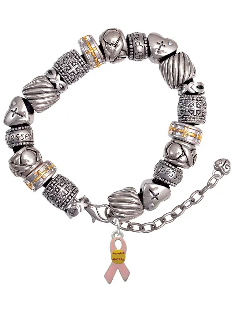Silvertone Pink Ribbon with Softball Silver Tone Christian Bead Bracelet