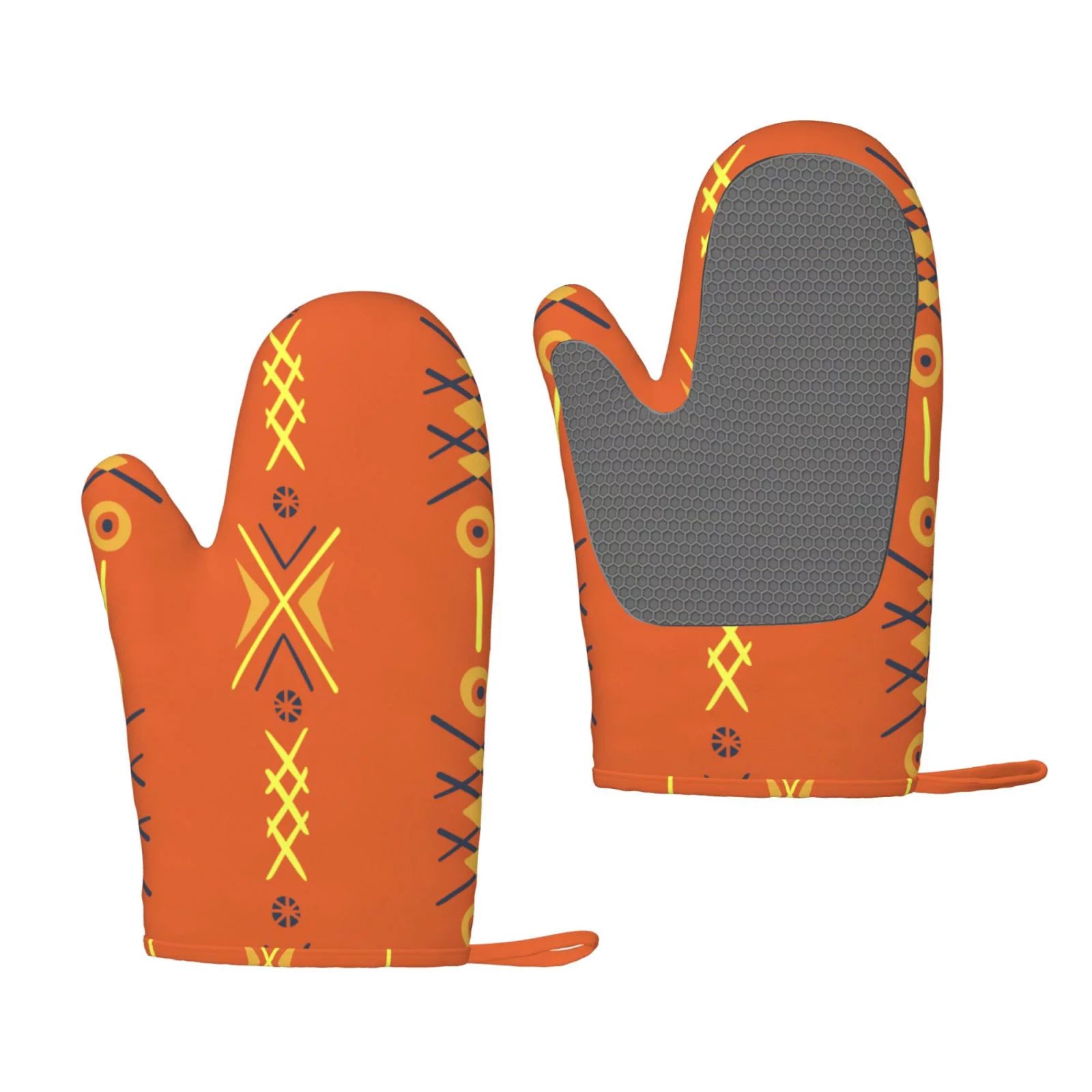 ZNDUO Kitchen Oven Gloves, Durable Heat Resistant Oven Gloves with Quilted Liner Non-Slip Textured Grip Perfect for BBQ, Baking, Cooking and Grilling, Vintage Orange Boho Ethnic Style