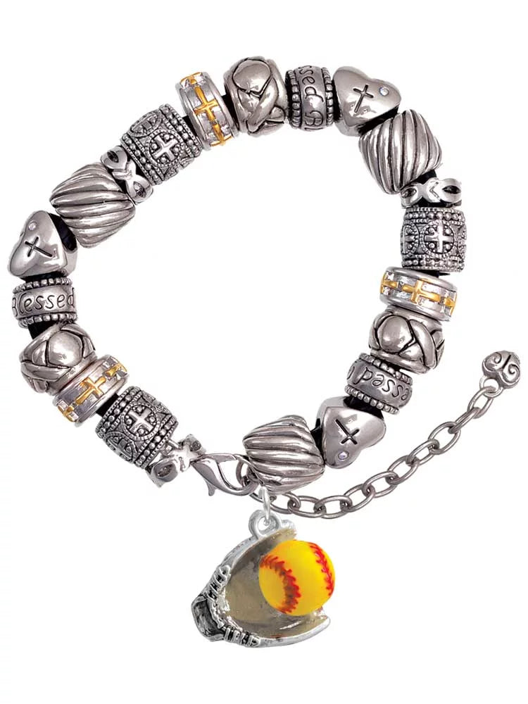 Silvertone Extra Large Softball and Glove Silver Tone Christian Bead Bracelet