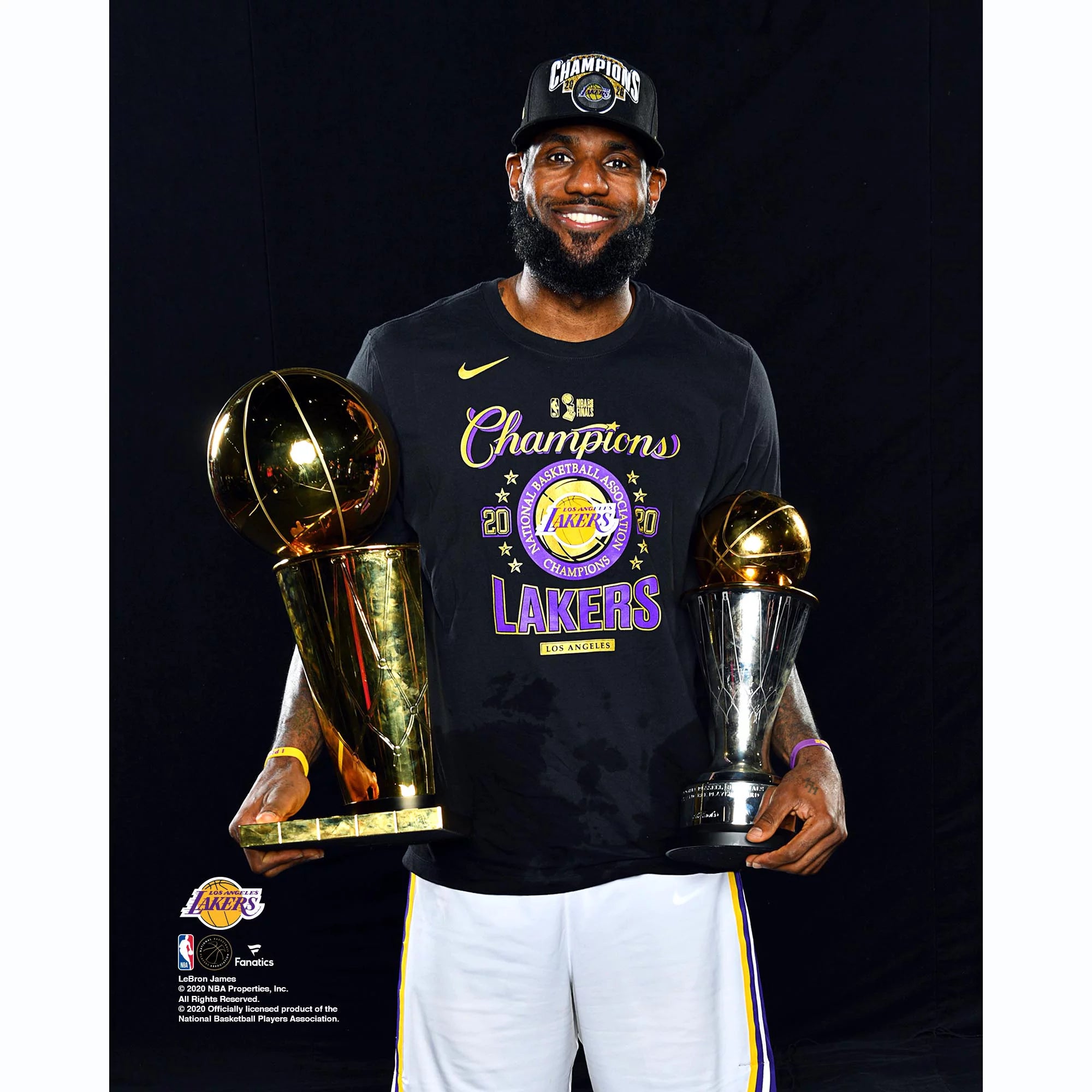 LeBron James Los Angeles Lakers Unsigned 2020 NBA Finals Champions Holding Finals and MVP Trophy Photograph