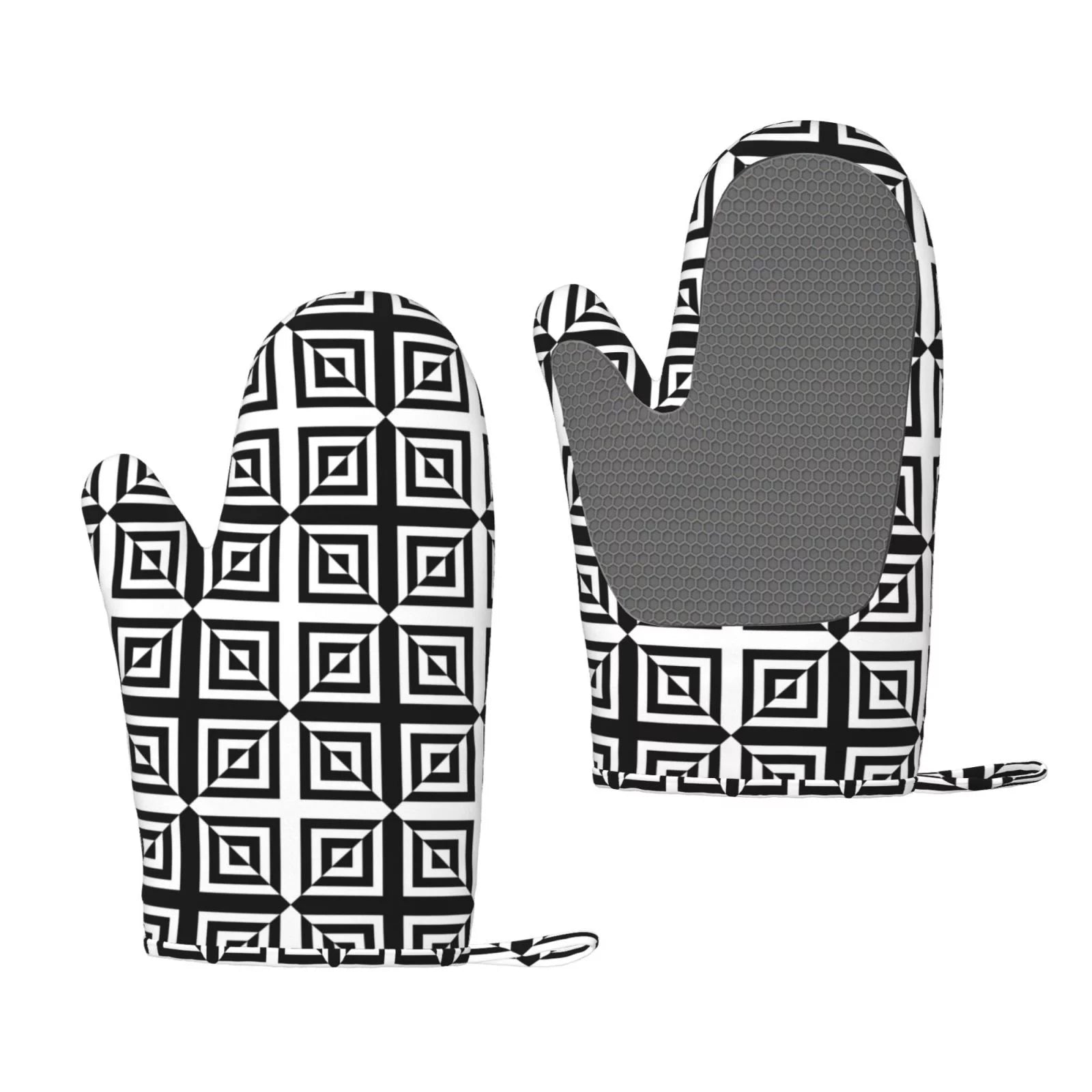 ZNDUO Kitchen Oven Gloves, Durable Heat Resistant Oven Gloves with Quilted Liner Non-Slip Textured Grip Perfect for BBQ, Baking, Cooking and Grilling, Black White Seamless Texture