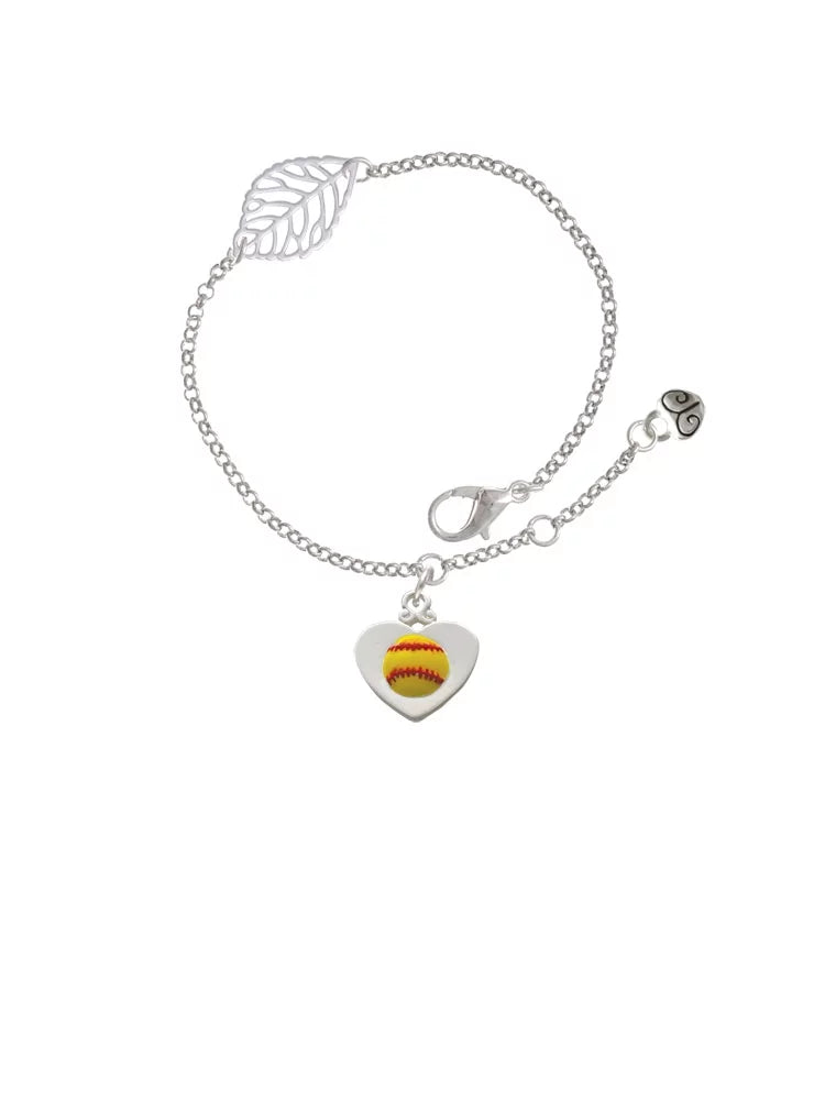 Delight Jewelry Silvertone Softball in Heart - Silvertone Leaf Delicate Bracelet, 6.25+1.75