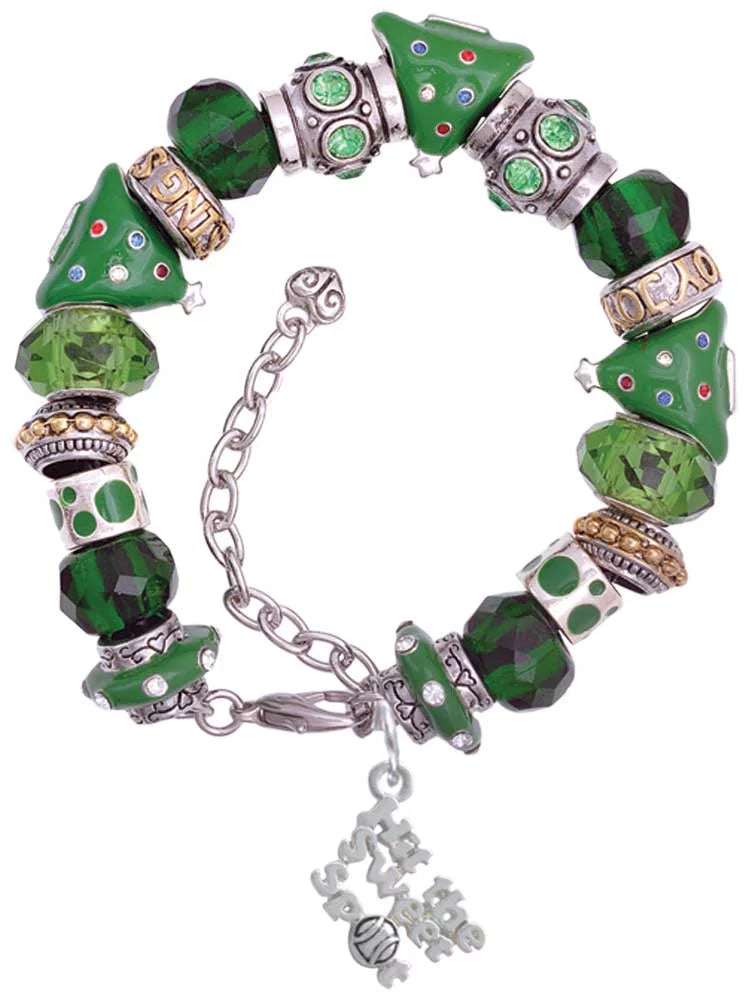 Silvertone Hit the Sweet Spot with Softball Green Christmas Bead Bracelet