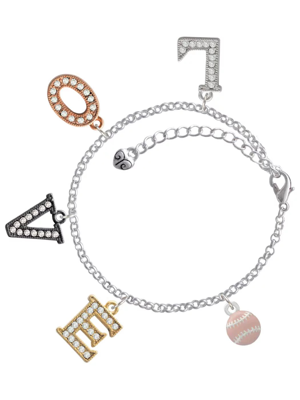 Delight Jewelry Silvertone Mini Pink Softball or Baseball Multi-Colored Crystal Love Charm Bracelet
