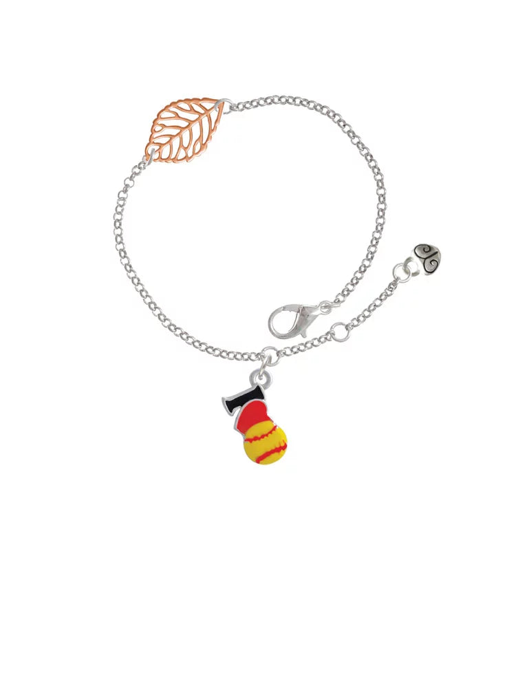 Delight Jewelry Silvertone I love Softball - Red Heart - Rose Goldtone Leaf Delicate Bracelet, 6.25+1.75