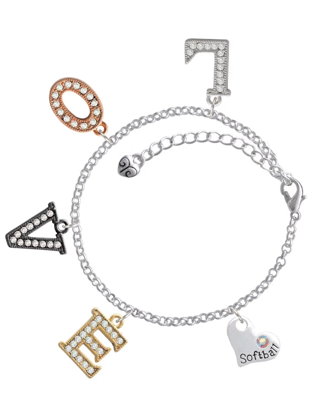 Delight Jewelry Heart with ''Softball'' and AB Crystal Multi-Colored Crystal Love Charm Bracelet