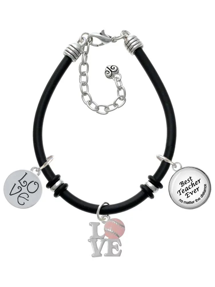 Delight Jewelry Love with Pink Softball Dome Best Teacher Ever Black Rubber Charm Bracelet