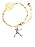 Delight Jewelry Silvertone Large Softball Pitcher Gold-tone Flower Link Chain Bracelet, 6.75+2 Extender