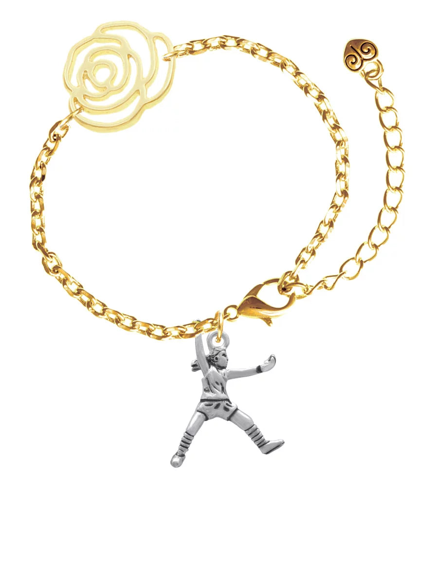 Delight Jewelry Silvertone Large Softball Pitcher Gold-tone Flower Link Chain Bracelet, 6.75+2 Extender