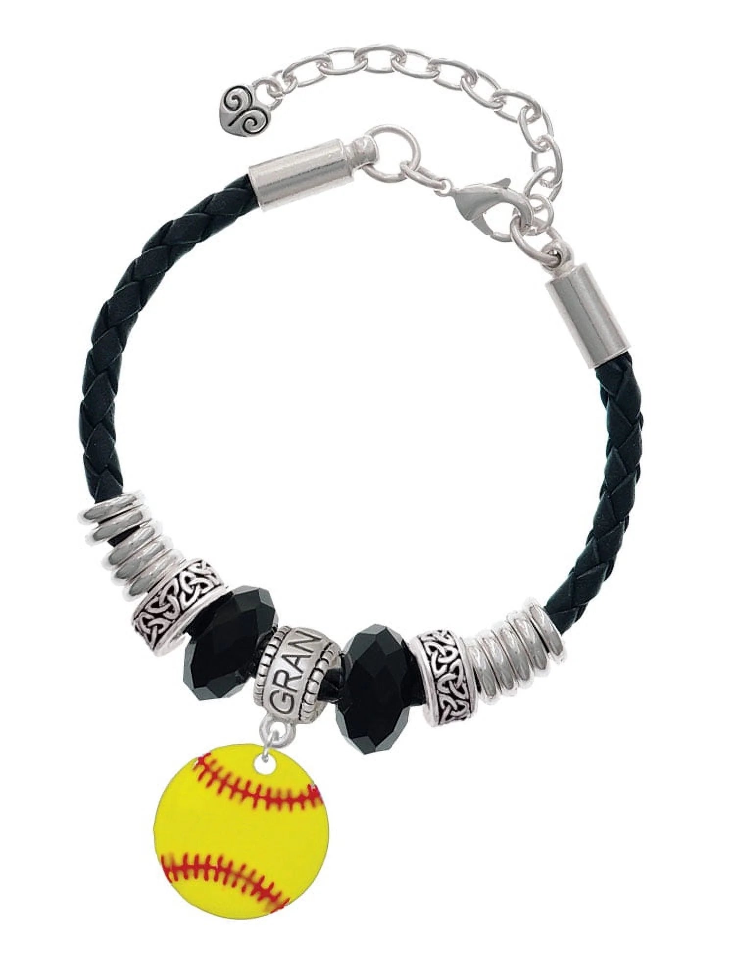 Delight Jewelry 3/4'' Enamel Softball Grandmother Celtic Knot Leather Bead Bracelet, 7+2 Extender