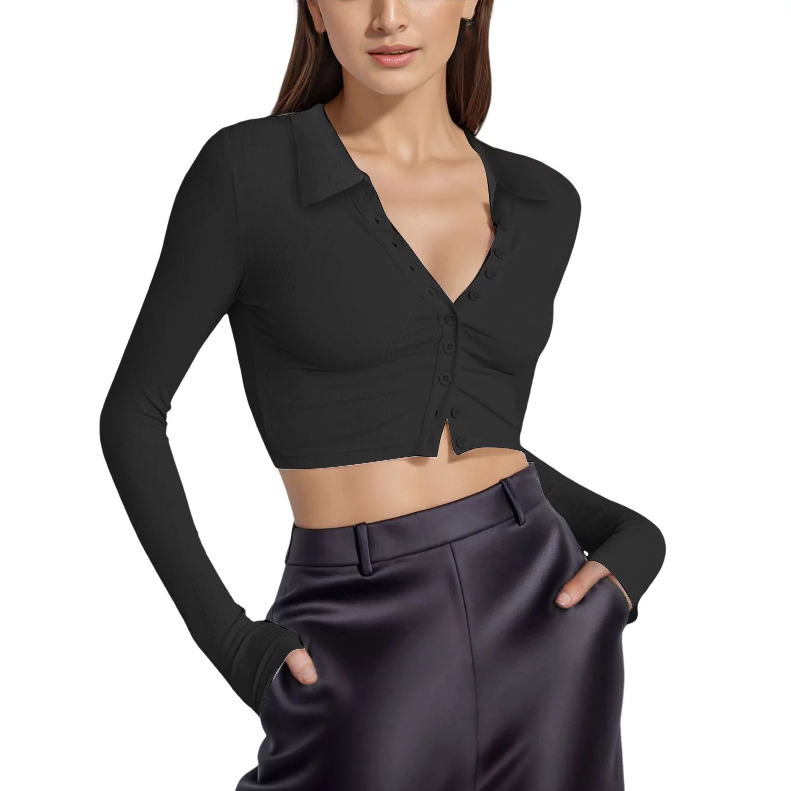 VBARHMQRT Female Blouses for Women 2024 Long Sleeve T Shirt Button Down Shirt French Lapel Crop Top Short Women's Clothing Crochet Top Women's Summer Tops