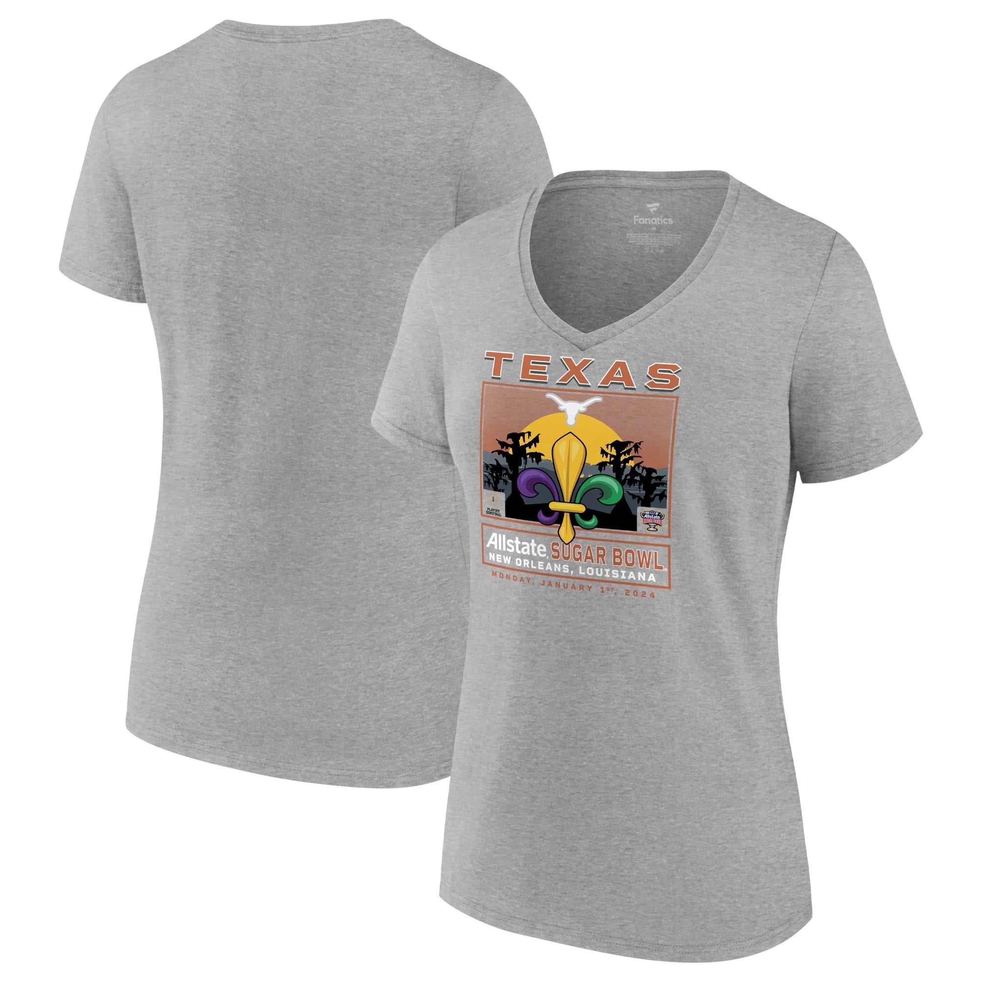 Women's Fanatics Branded  Gray Texas Longhorns College Football Playoff 2024 Sugar Bowl Fierce Competitor V-Neck T-Shirt