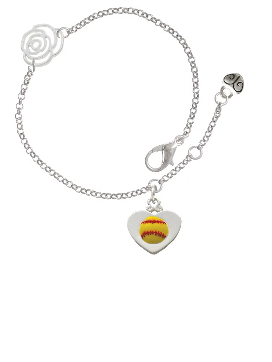 Delight Jewelry Silvertone Softball in Heart Silver-tone Rose Link Chain Bracelet, 6.25+1.75 Extender