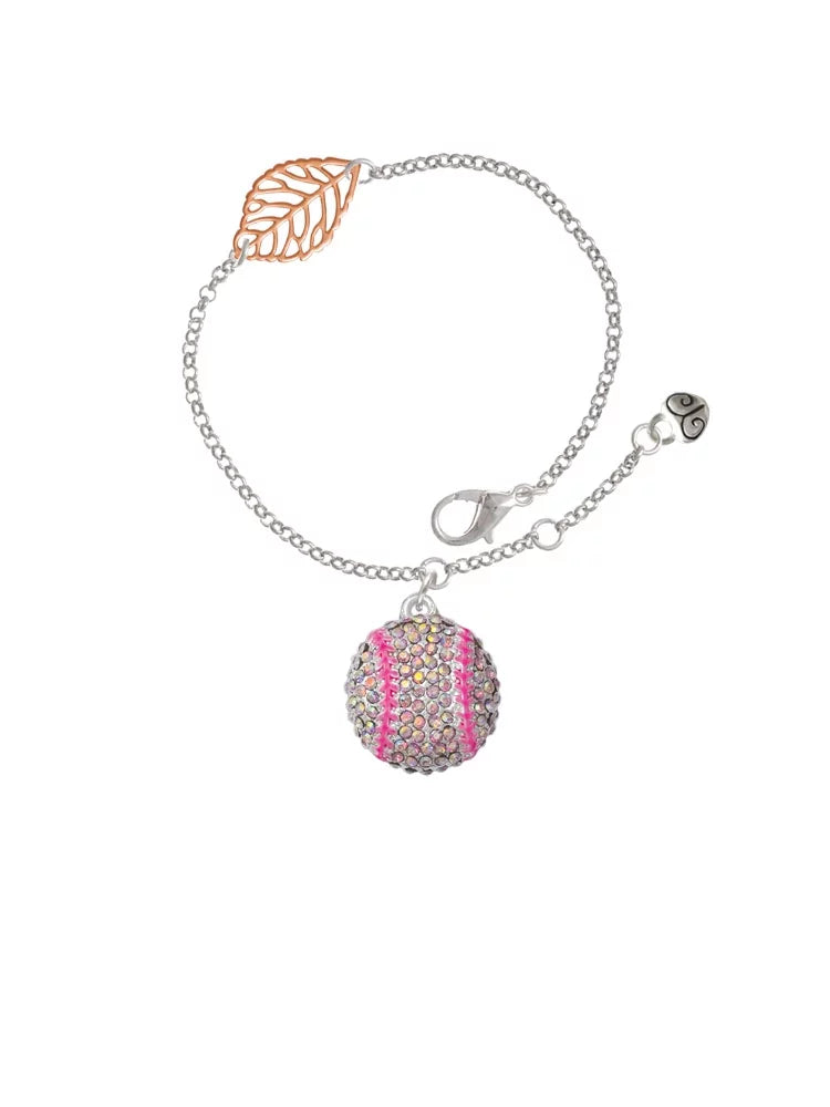 Delight Jewelry Silvertone Large Super Sparkle Crystal Pink AB Softball - Rose Goldtone Leaf Delicate Bracelet, 6.25+1.75