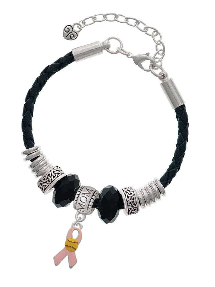 Delight Jewelry Silvertone Pink Ribbon with Softball Mom Celtic Knot Leather Bead Bracelet, 7+2 Extender
