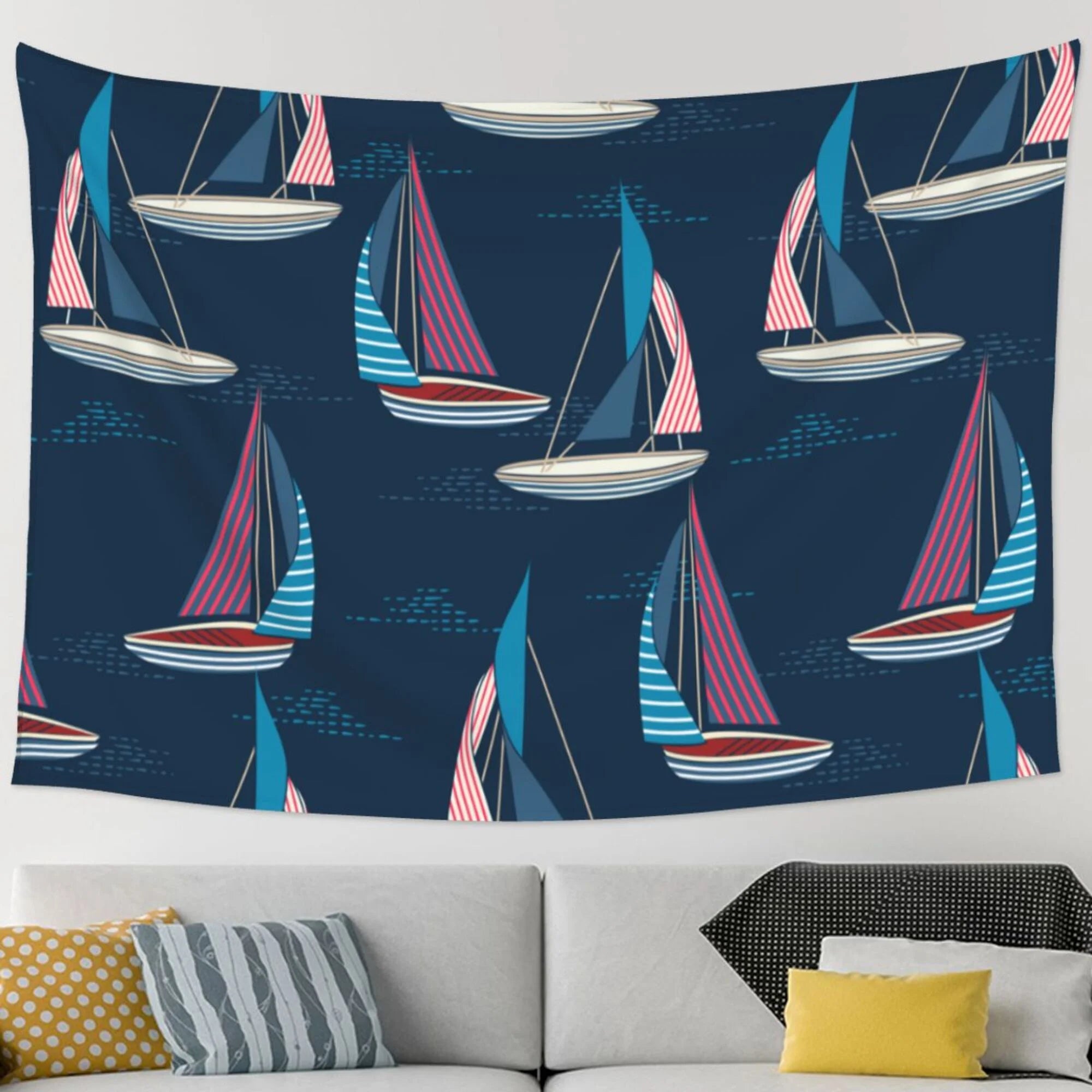 TEQUAN Ocean Beach Sailboat Surfing Pattern Large Tapestry, Aesthetic Tapestries Wall Hanging for Bedroom Living Room College Dorm Decor, 90 x 60 inches