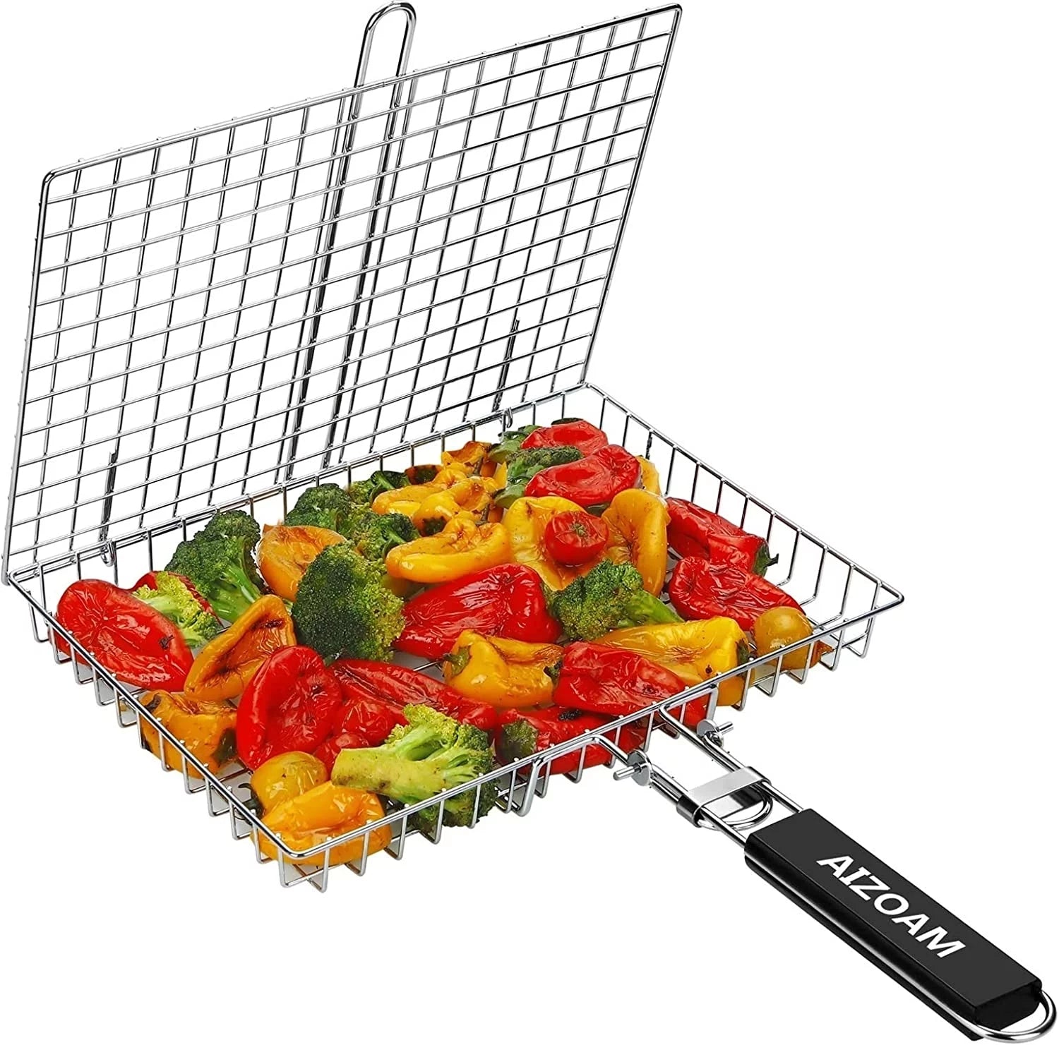 Grill Basket Stainless Steel BBQ Grilling Basket Large Folding Grill Basket with Removable Handle. Grill Basket for Fish,Vegetables Great Useful BBQ Accessories Grilling Gifts for Men Dad