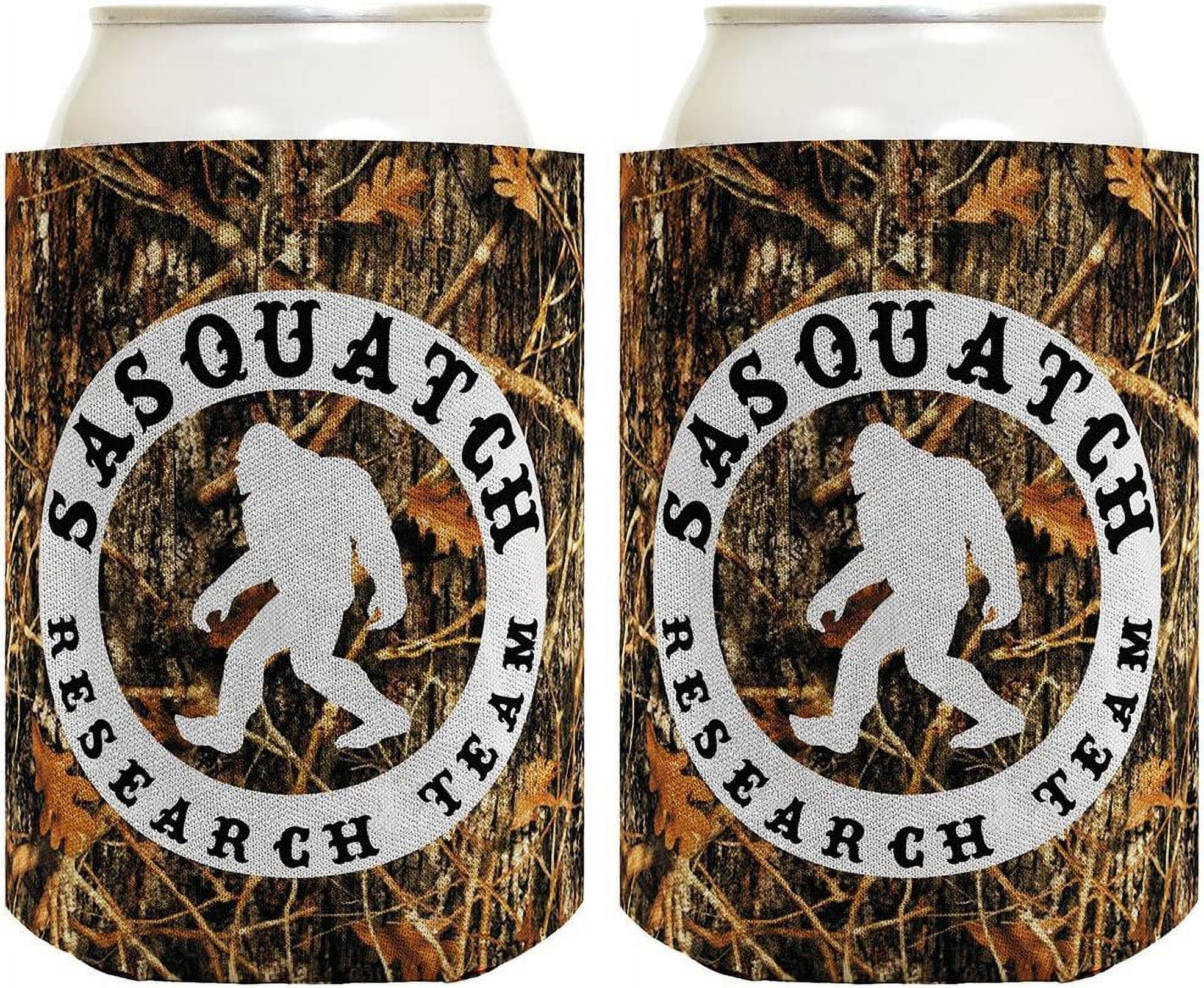 Funny Can Coolie Sasquatch Research Team Camping Gag Gift Outdoors Hiking Hunting 2 Pack Can Coolie Drink Coolers Coolies Woodland Camo