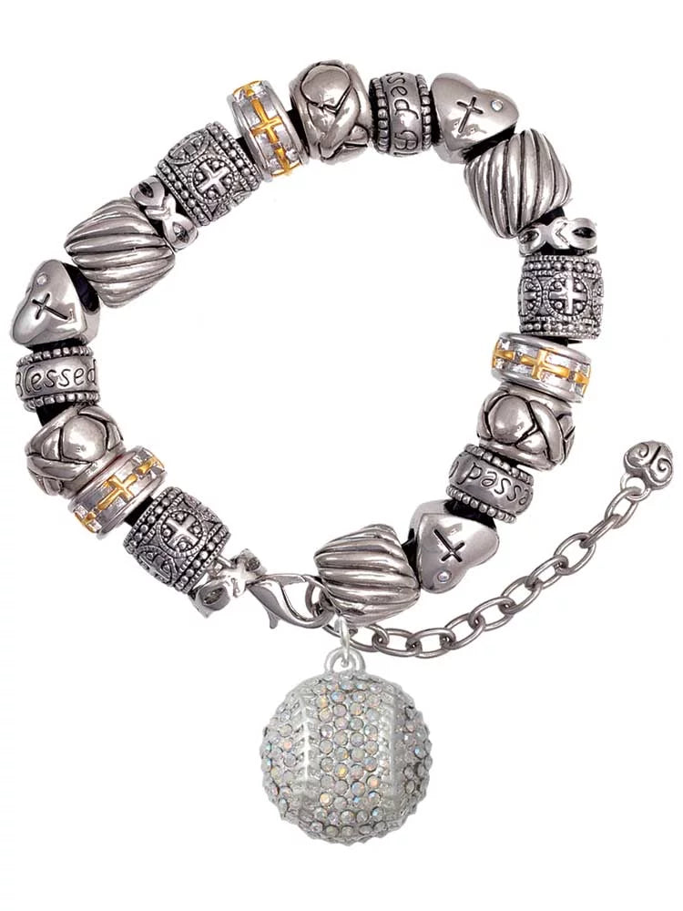 Silvertone Large Super Sparkle Crystal Clear AB Softball Silver Tone Christian Bead Bracelet
