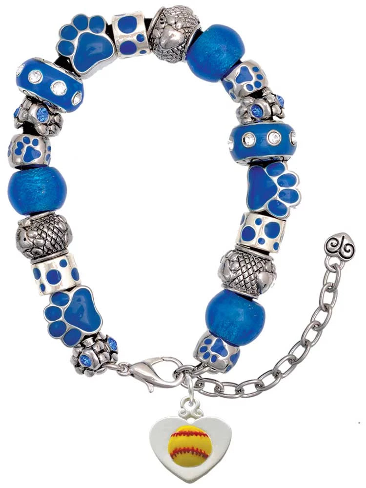 Delight Jewelry Silvertone Softball in Heart Blue Paw Print Bead Bracelet, 7+2