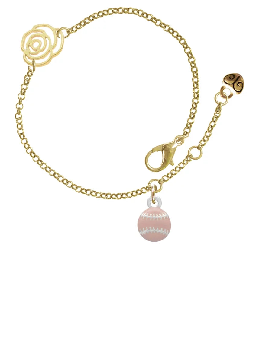 Delight Jewelry Silvertone Mini Pink Softball or Baseball Gold-tone Rose Link Chain Bracelet, 6.25+1.75 Extender