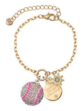 Delight Jewelry Silvertone Large Super Sparkle Crystal Pink AB Softball Goldtone Discover Dream Explore Zoey Charm Bracelet, 6.5+2 Extender
