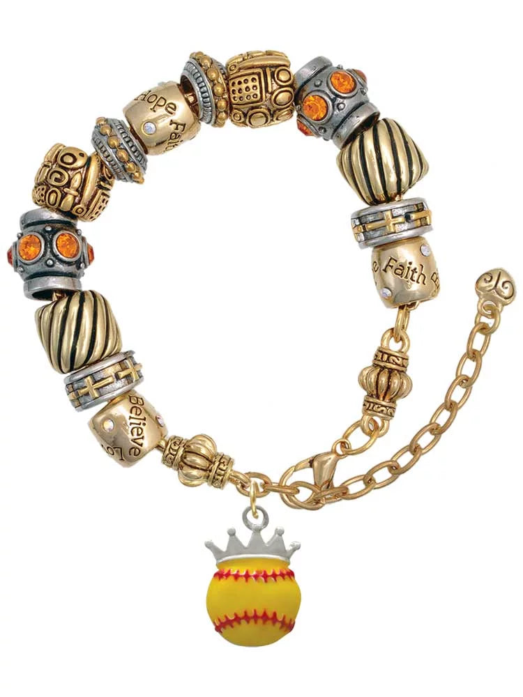 Silvertone Softball optic yellow - Crown Two Tone Christian Bead Bracelet