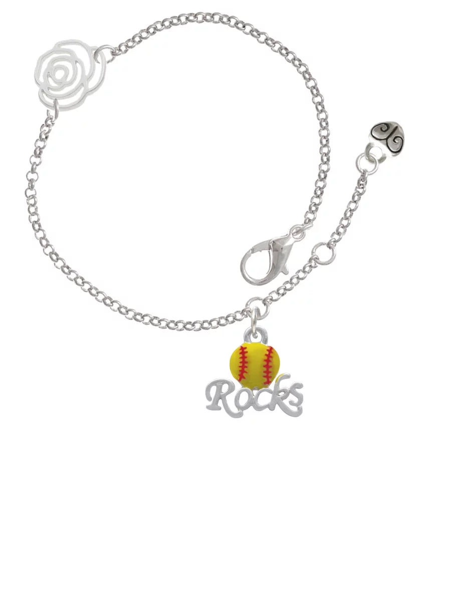 Delight Jewelry Silvertone Enamel Softball ''Rocks'' Silver-tone Rose Link Chain Bracelet, 6.25+1.75 Extender