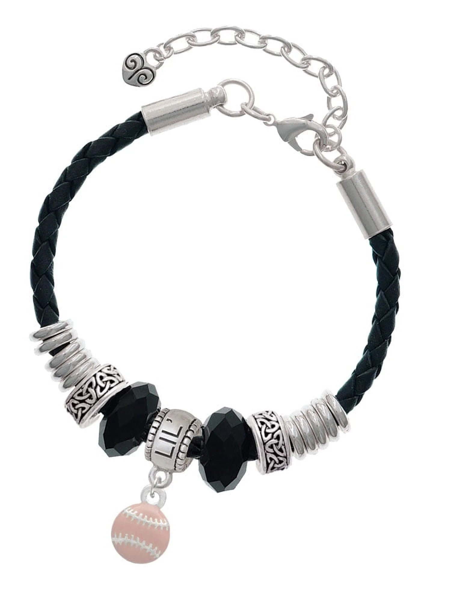 Delight Jewelry Silvertone Mini Pink Softball or Baseball Middle Sister Celtic Knot Leather Bead Bracelet, 7+2 Extender