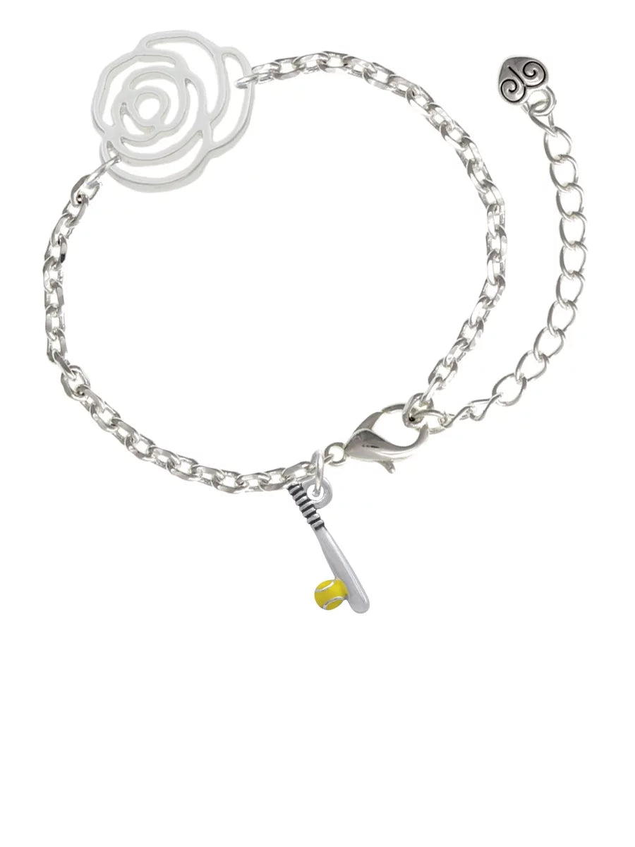 Delight Jewelry Silvertone Enamel Softball and Bat Silver-tone Flower Link Chain Bracelet, 6.75+2 Extender